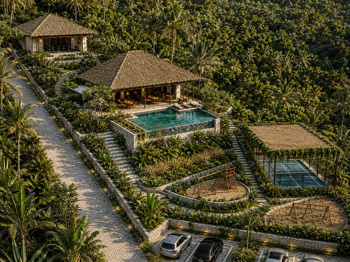The Konekt community area — caf&eacute; and restaurant, pool, padel court and children's playground in the hills of Kuta, Lombok