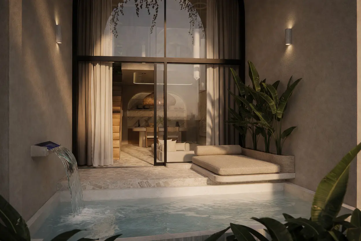 Konekt Loft Villa private plunge pool at dusk — Kuta Lombok