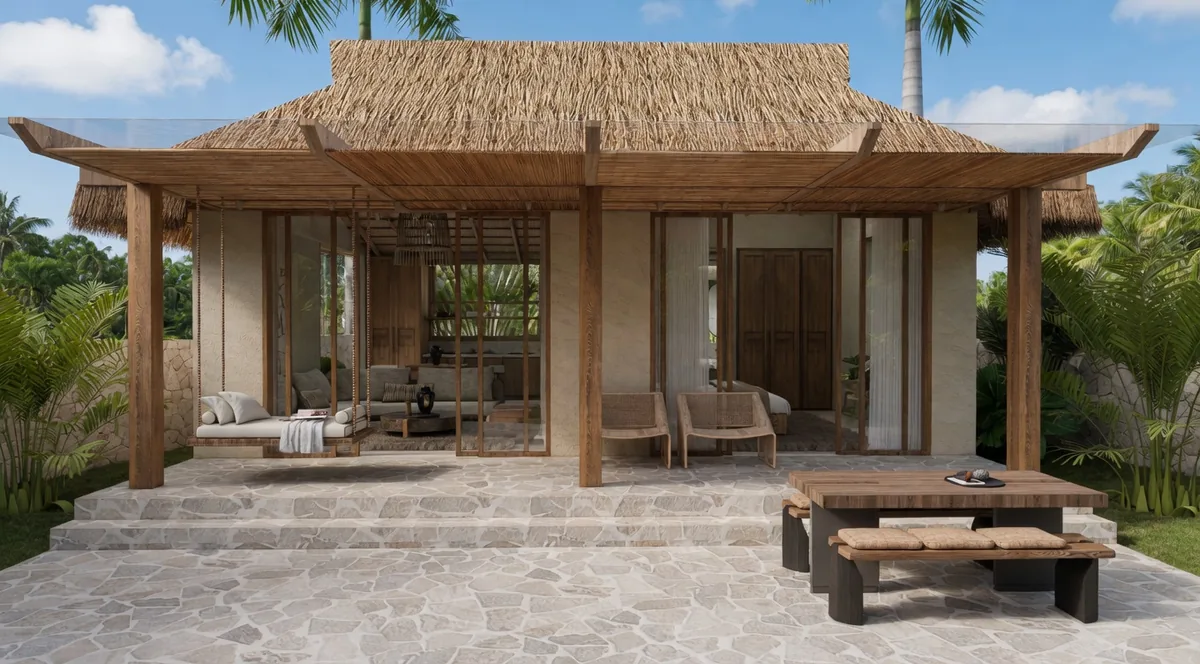 Konekt 1 Bedroom Villa exterior with thatched roof and stone terrace, Kuta Lombok