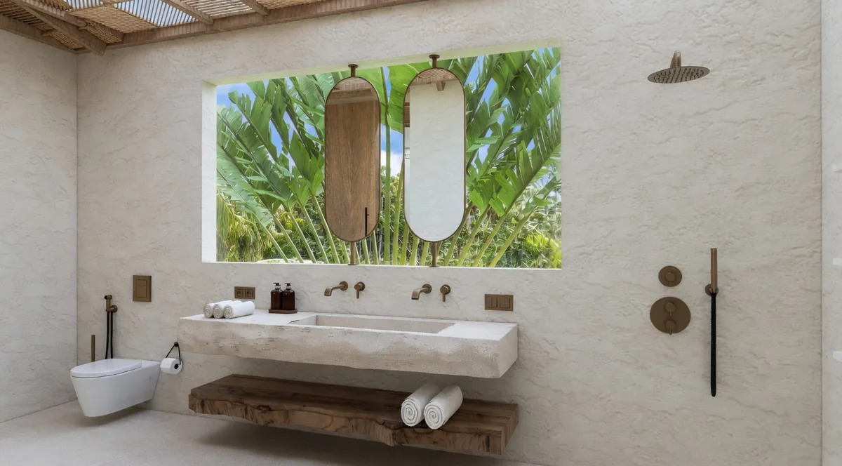 Konekt 1 Bedroom Villa bathroom with stone vanity and jungle outlook, Lombok