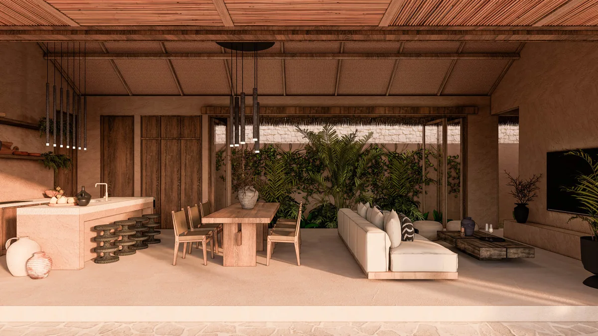 Konekt 3 Bedroom Villa open-plan living, dining and kitchen, Kuta Lombok