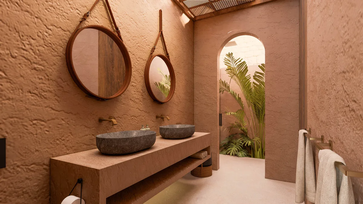 Konekt 3 Bedroom Villa bathroom with twin stone basins and courtyard, Lombok