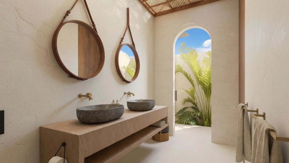 Konekt 3 Bedroom Villa bathroom with twin stone basins and courtyard, Lombok