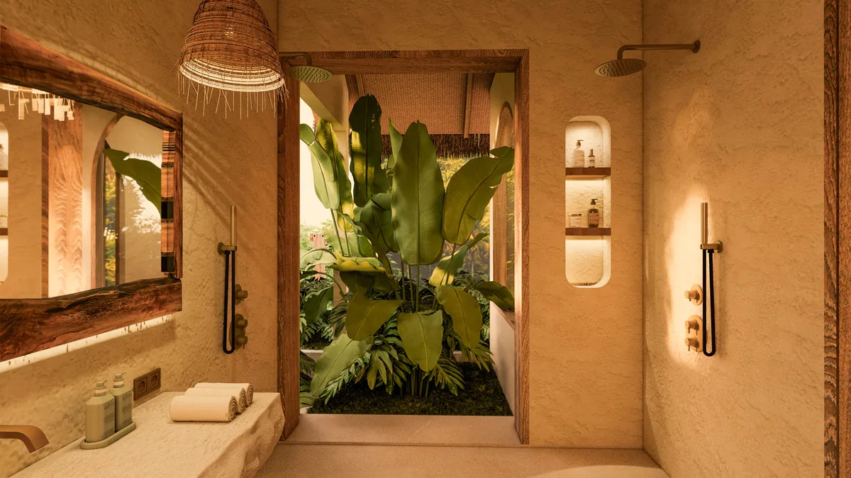 Konekt 2 Bedroom Compact Villa bathroom with rain shower and greenery, Lombok