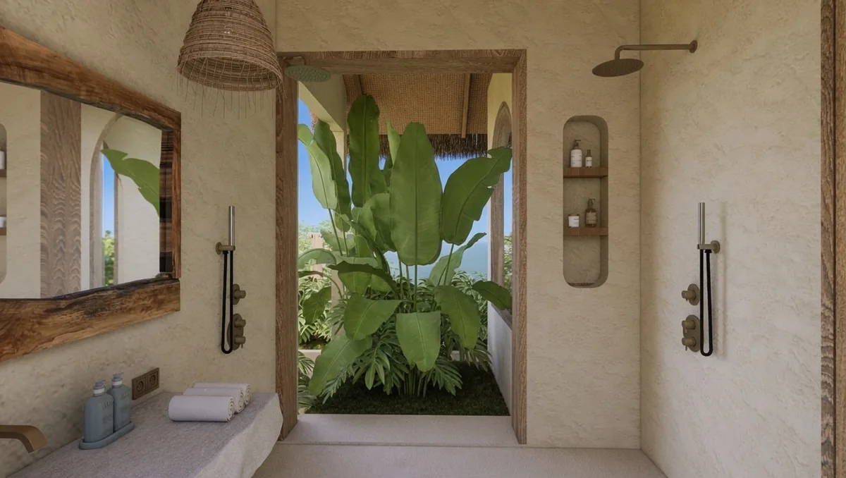 Konekt 2 Bedroom Compact Villa bathroom with rain shower and greenery, Lombok