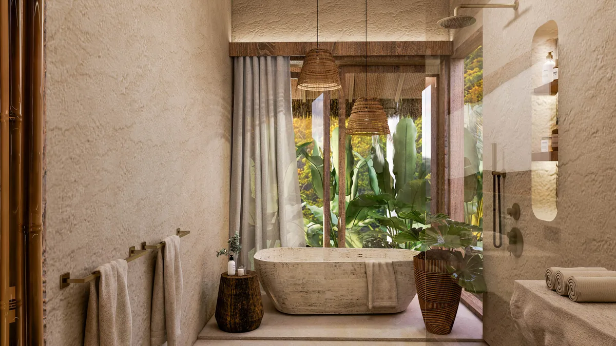 Konekt 2 Bedroom Premium Villa bathroom with freestanding tub and greenery, Lombok