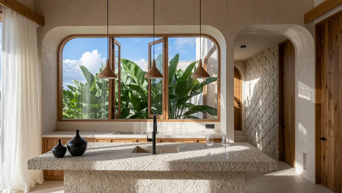 Konekt 2 Bedroom Premium Villa twin-vanity bathroom with arched window, Lombok