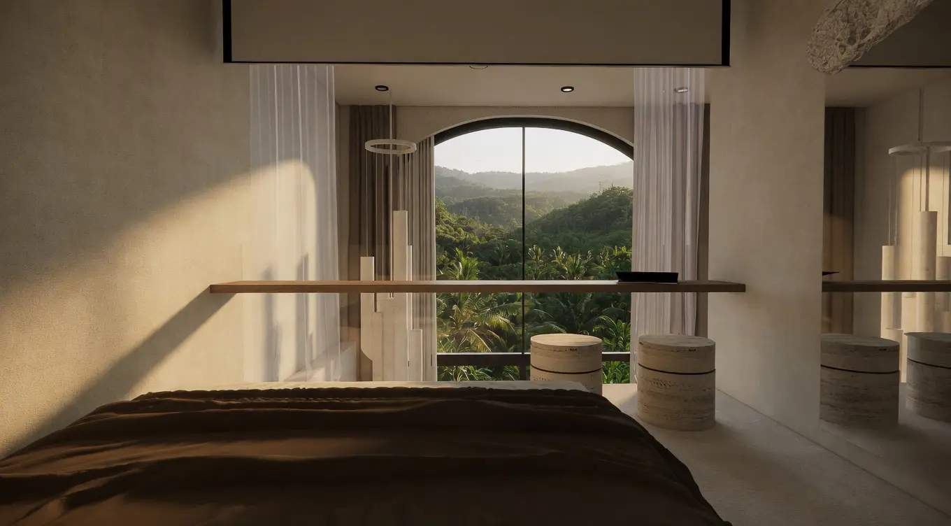 Interior of a Konekt Loft Villa in Kuta Lombok — arched glass doors opening to jungle views